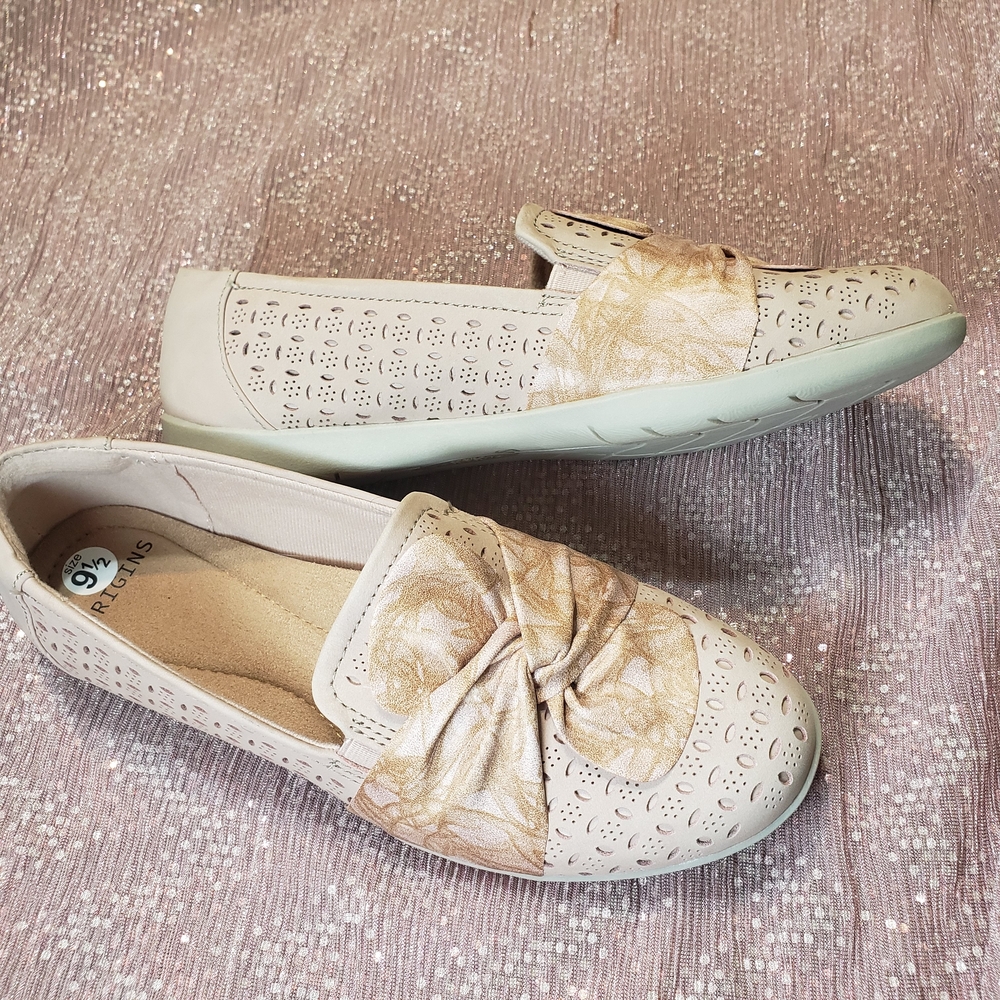 EARTH ORIGINS FINLEY Slip-On FLATS LaserCut Leather Dusty Pink Bow Women Size 9½